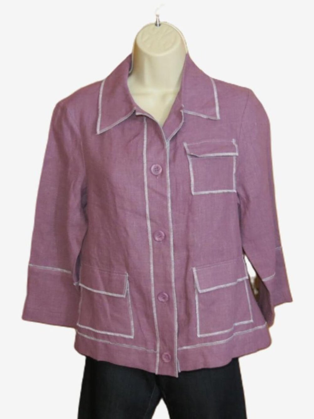 Harve Benard Dark Orchid Jacket Linen Top Stitching Accent ¾ Sleeve Size 4 flaw